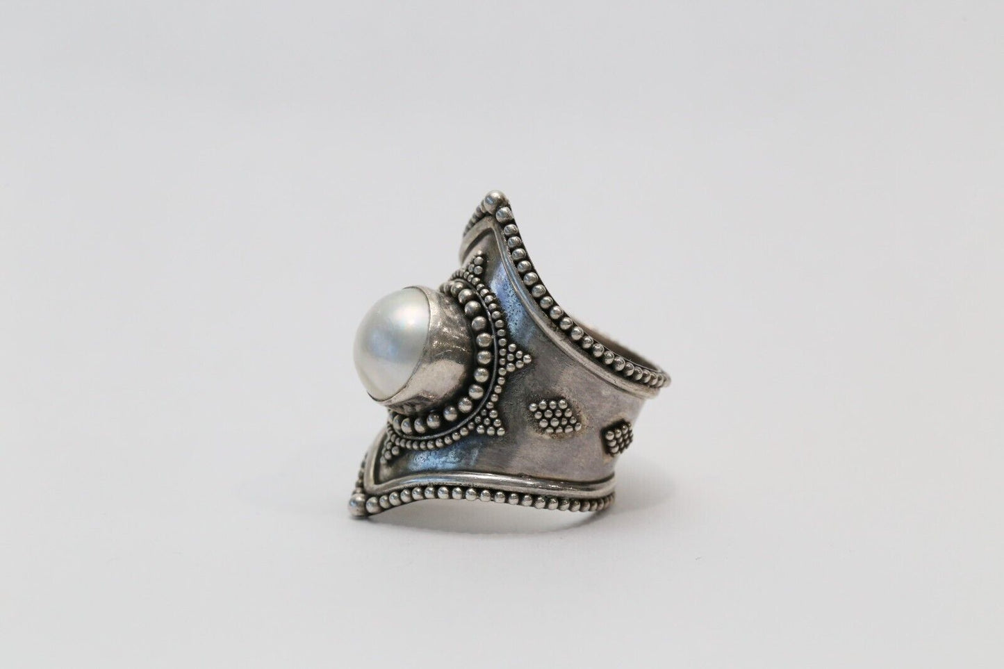 Vintage Sterling Silver Faux Pearl Ring, Size 9 - 8.9g