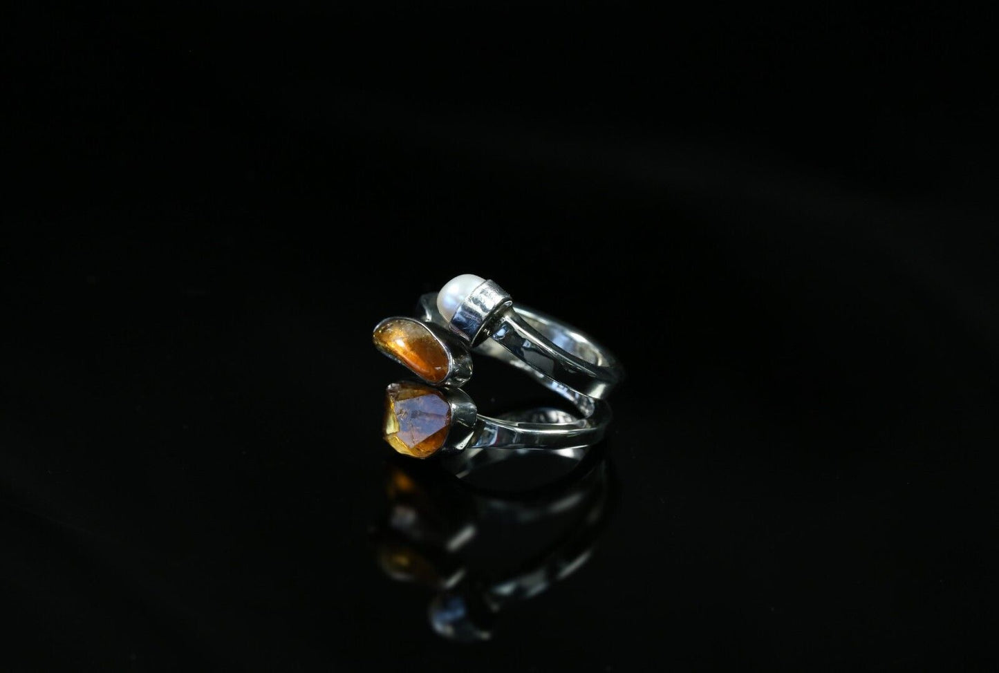 Lilly Barrack Sterling Silver Pearl & Rough Cut Citrine Ring, Size 8 - 12.0g
