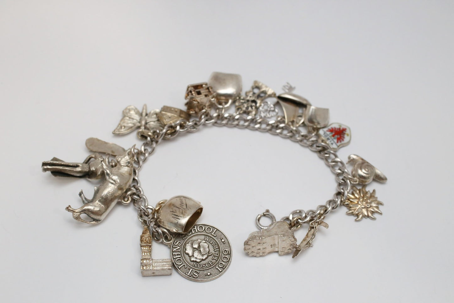 Vintage Silver Charm Bracelet, 7 inches - 52.3g