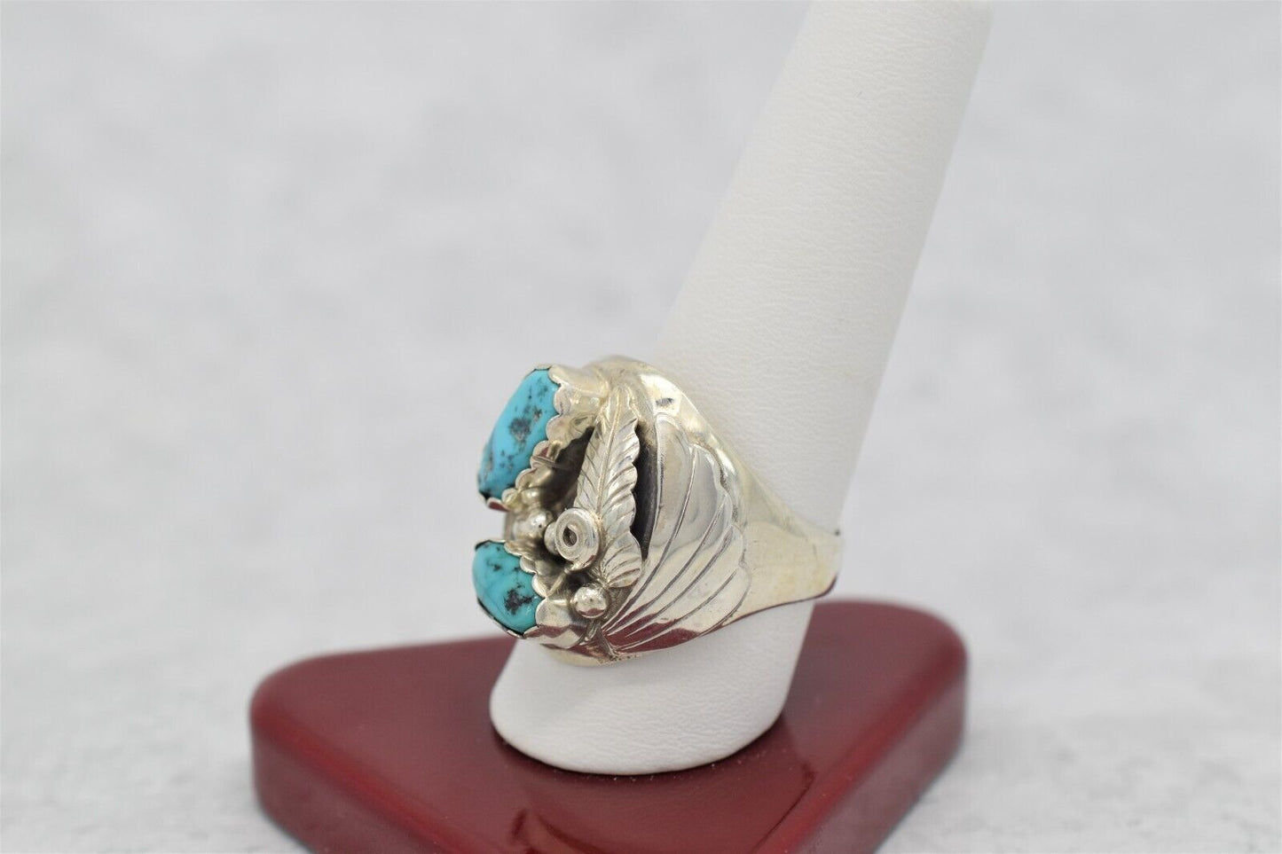 Sterling Silver JH Signed Turquoise Feather Ring, Size 10.5 - 19.1g