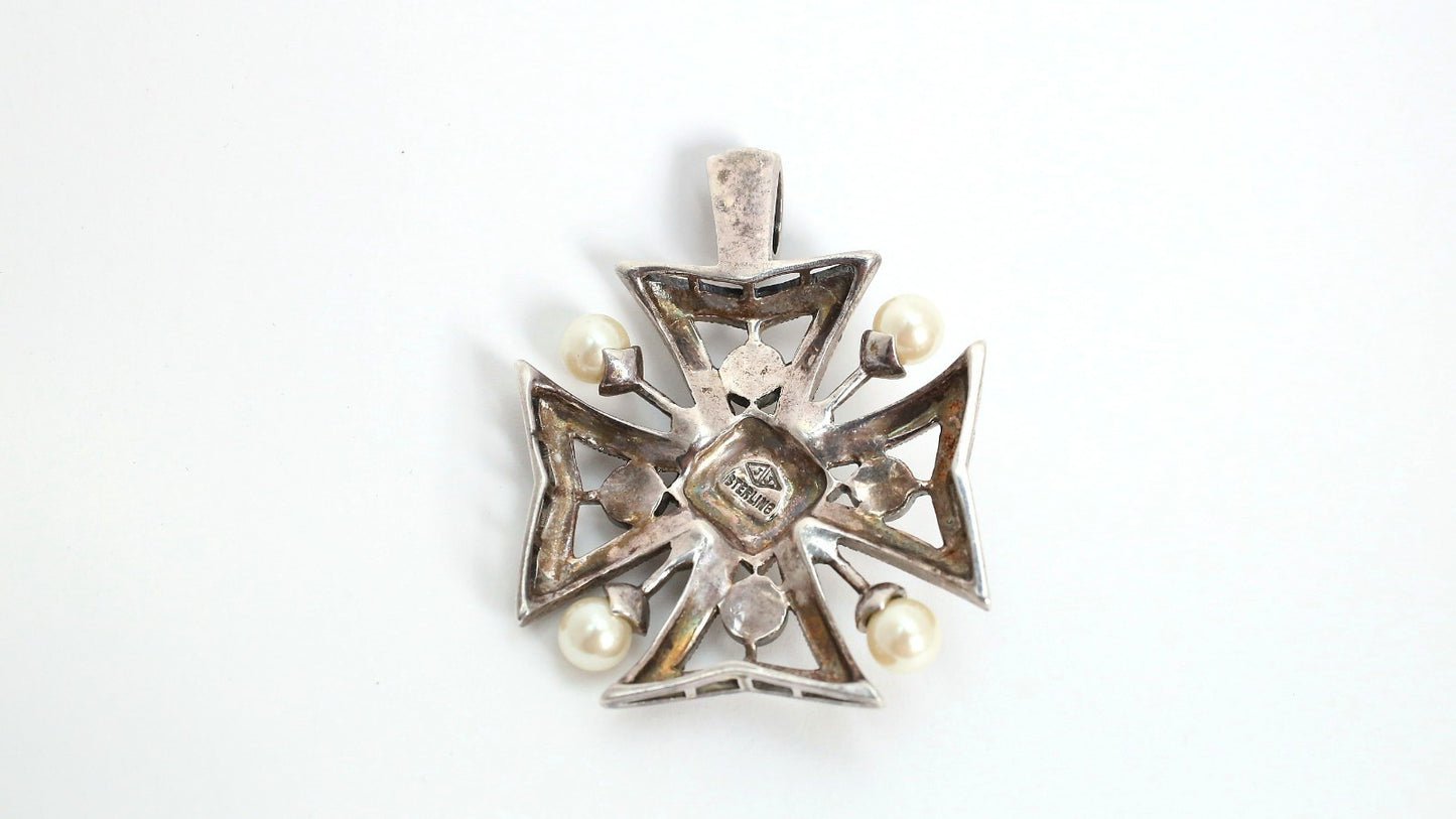 Judith Jack Sterling Silver Marcasite & Faux Pearl Cross Pendant, 16.1g