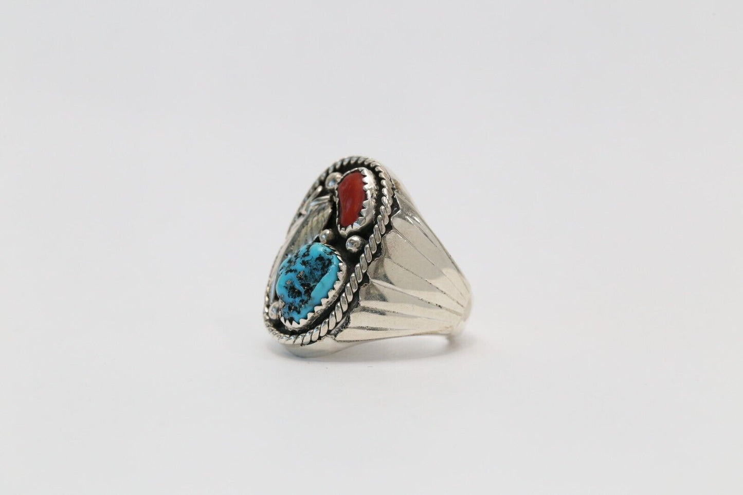 Sterling Silver EE Navajo Turquoise & Coral Feather Ring, Size 9.5 - 24.0g
