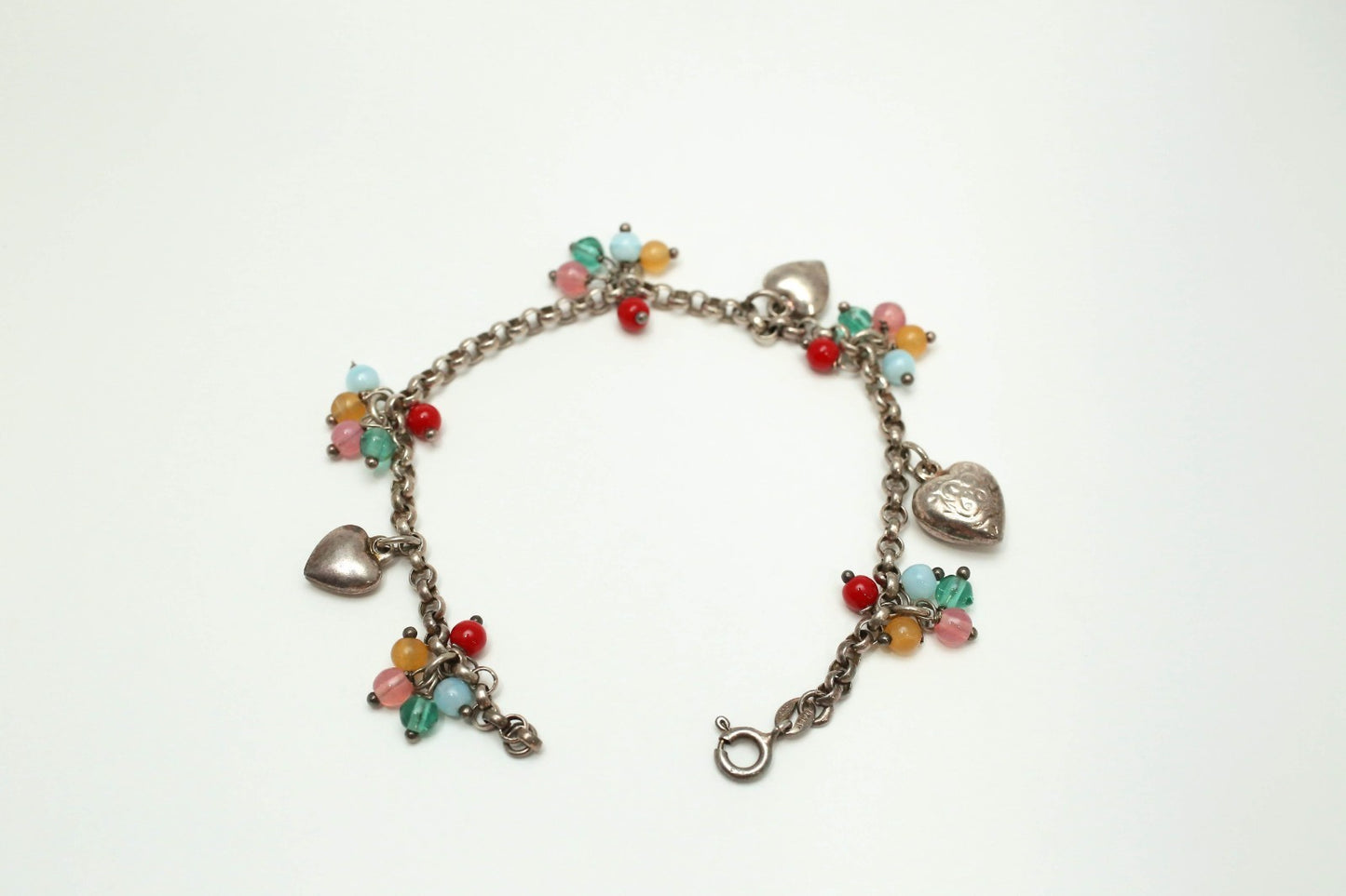 Sterling Silver Beaded Heart Charm Bracelet, 7 inches - 9.6g