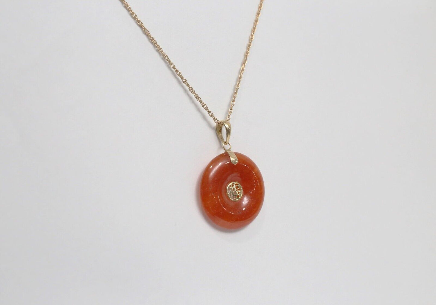 14k Yellow Gold Round Orange-Red Jade Chinese "Good Fortune" Pendant, 3.8g