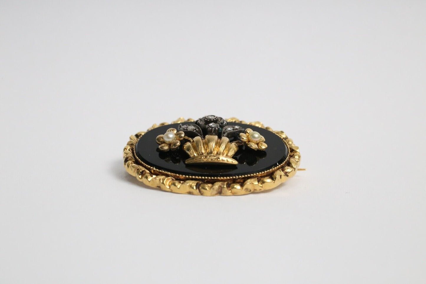 Antique 20k Victorian Diamond & Pearls Mourning Pin Brooch, 11.5g