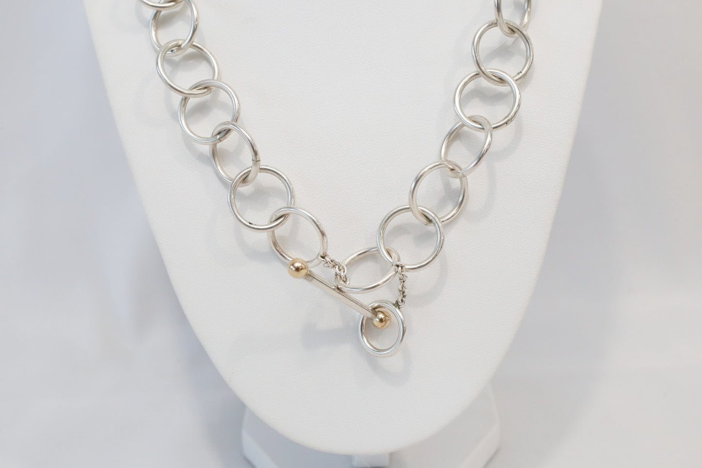 Sterling Silver & 14k Yellow Gold Circle Link Toggle Necklace, 19 inches - 52.2g