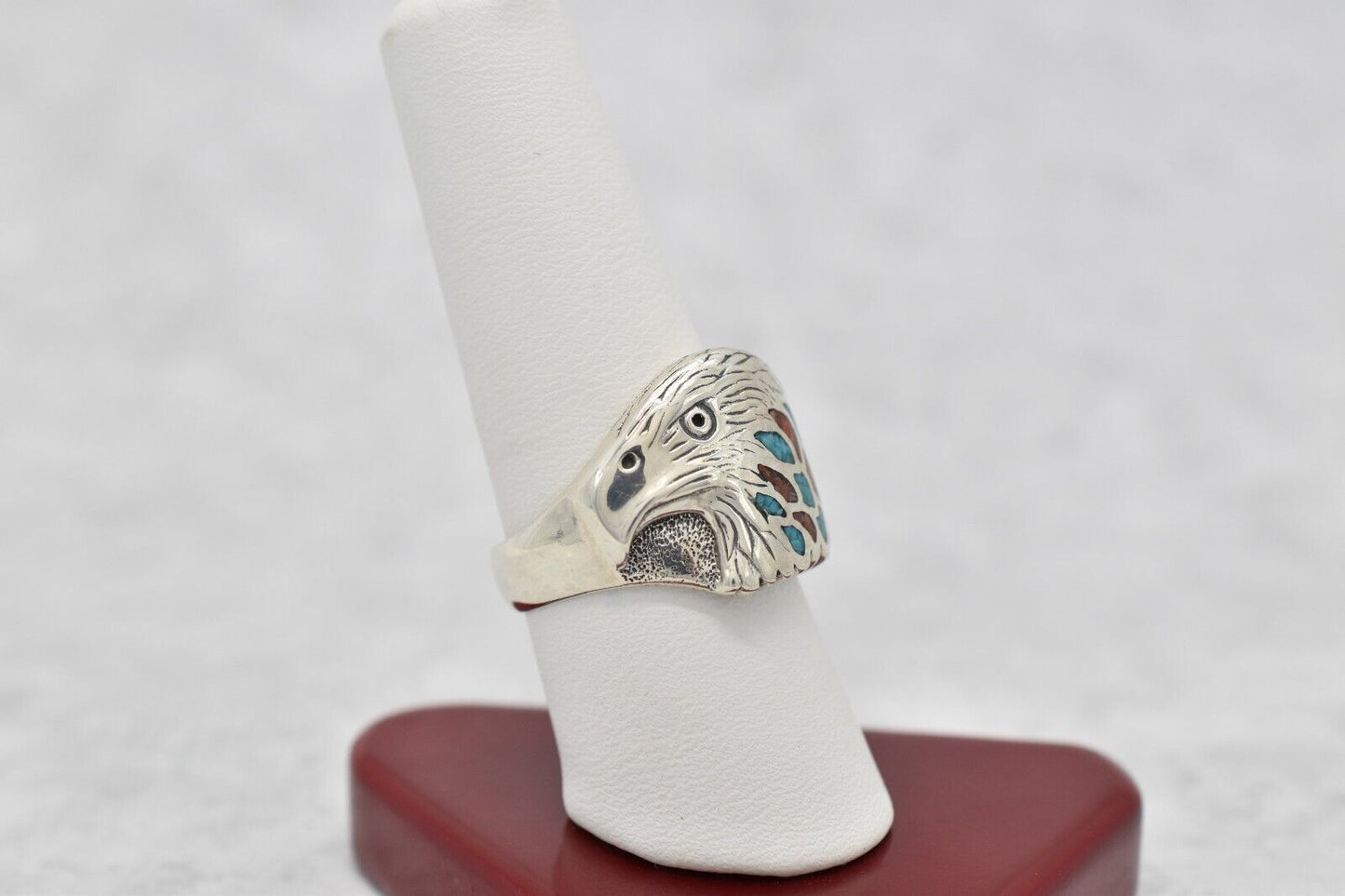 Sterling Silver Turquoise & Coral Eagle Ring, Size 8.75 - 9.2g