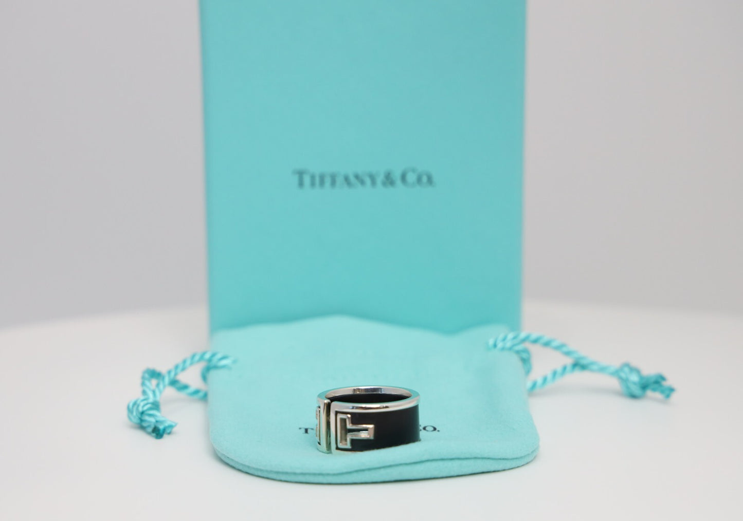 Tiffany & Co Sterling Silver Black Ceramic T Cut Out Wide Ring, Size 7 - 7.7g