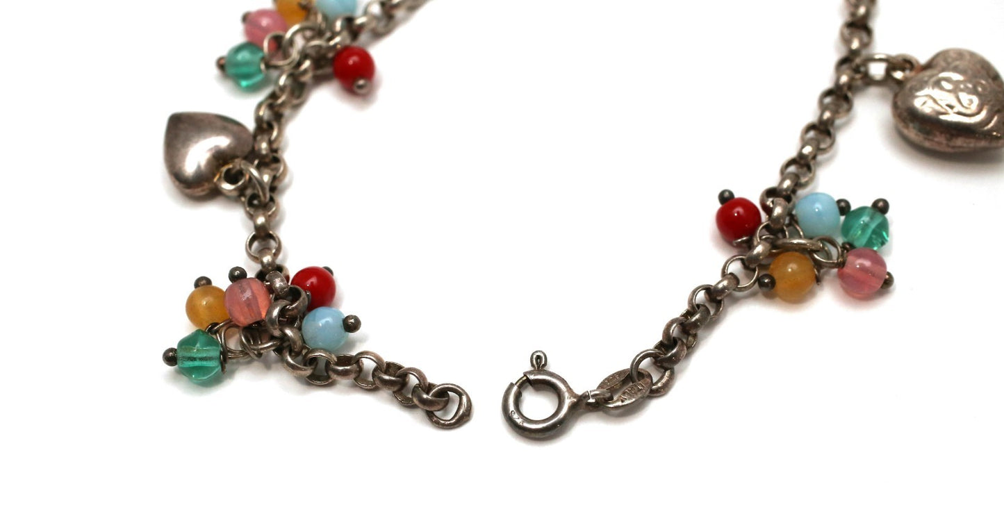 Sterling Silver Beaded Heart Charm Bracelet, 7 inches - 9.6g