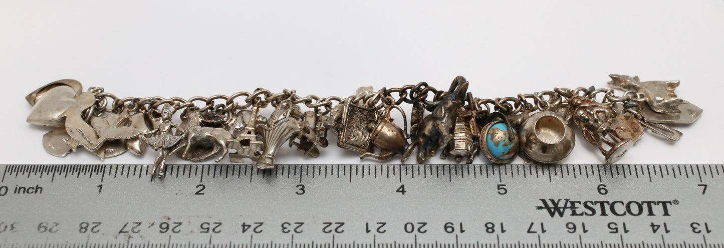 Vintage Silver Charm Bracelet, 6.75 inches - 59.5g