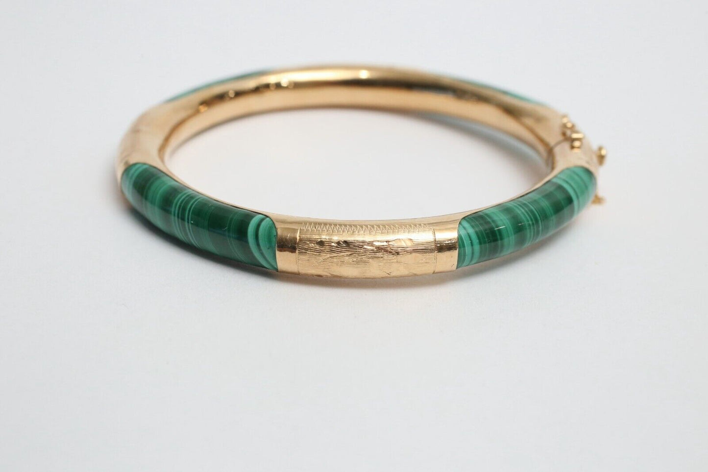 14k Yellow Gold Green Malachite Hinge Bangle, 7.25 inches - 27.6g