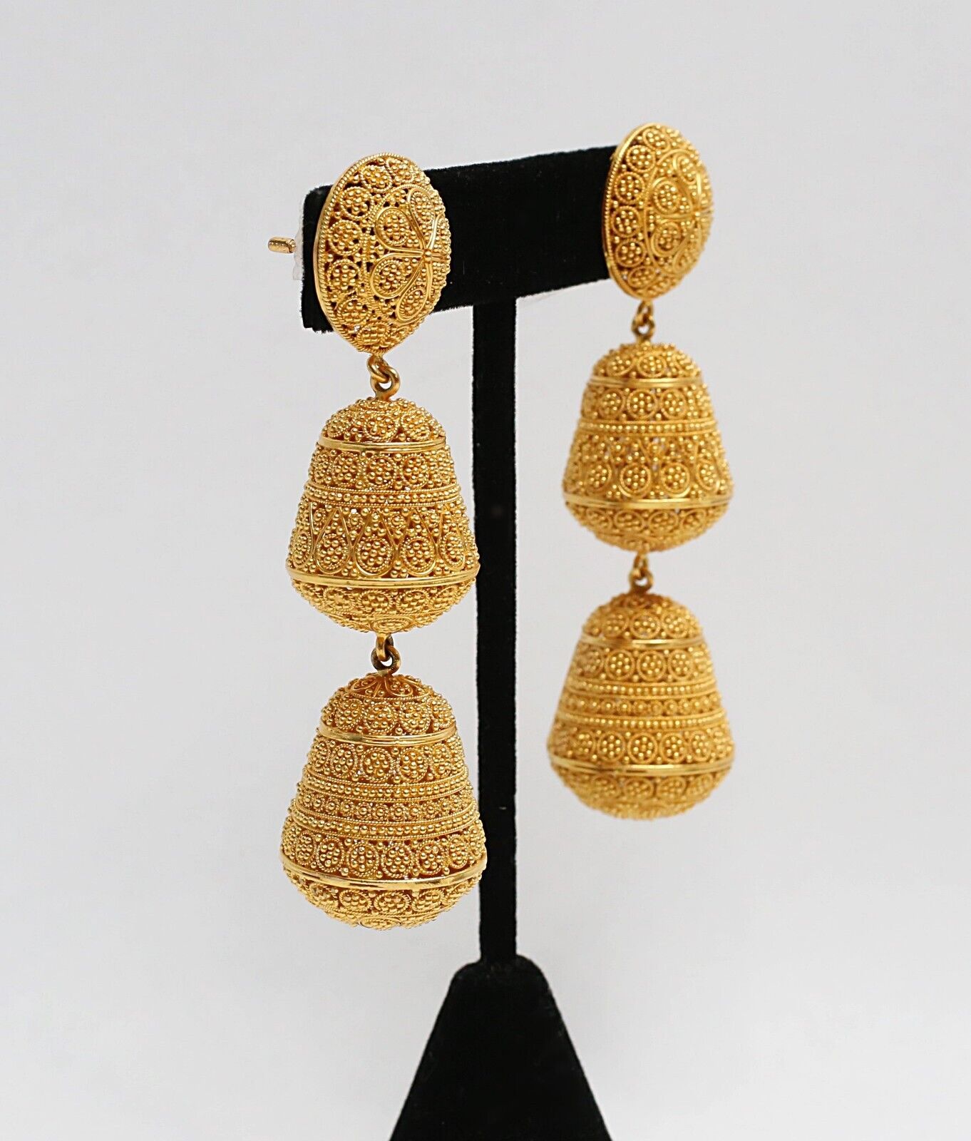 21k Yellow Gold African Filigree Dangle Earrings, 46.2g