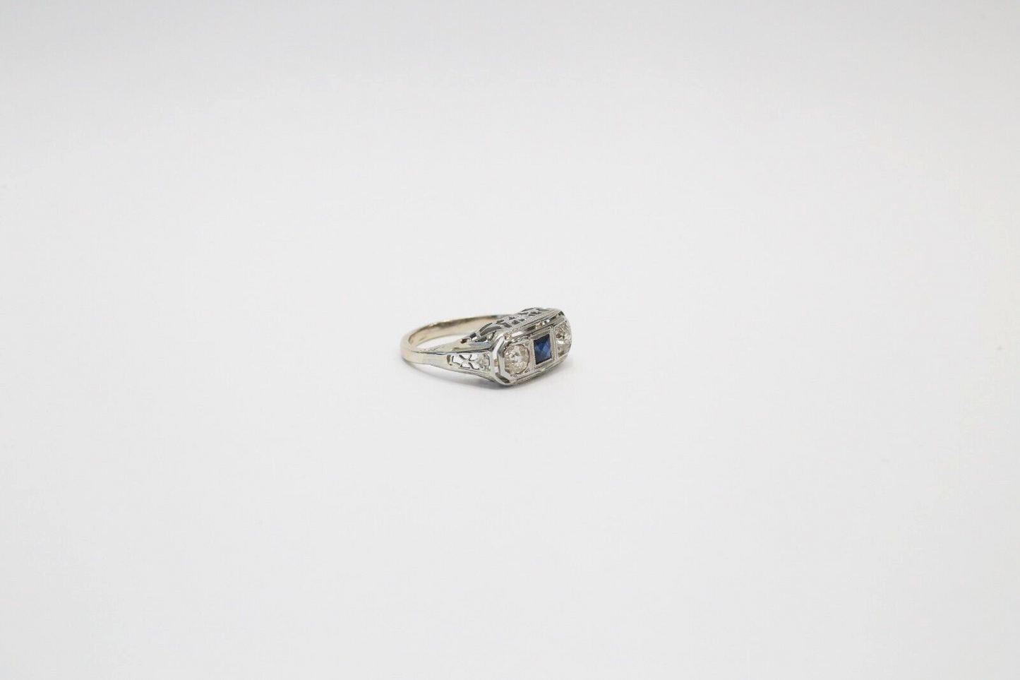 Art Deco 14k White Gold Diamond & Sapphire Ring, Size 4.25 - 2.6g