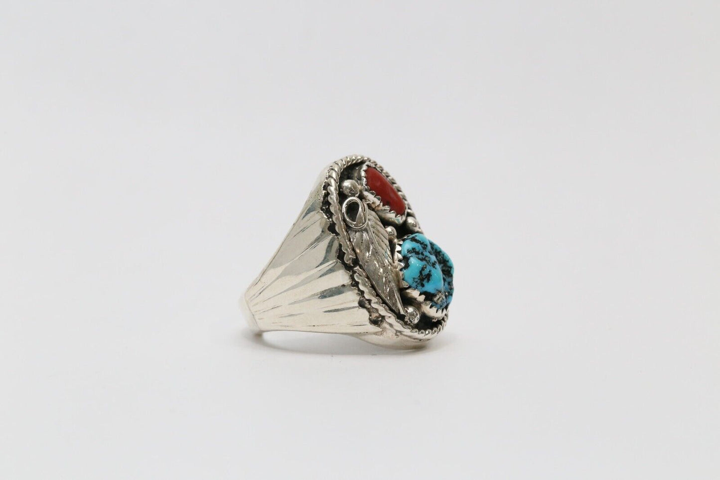 Sterling Silver EE Navajo Turquoise & Coral Feather Ring, Size 9.5 - 24.0g