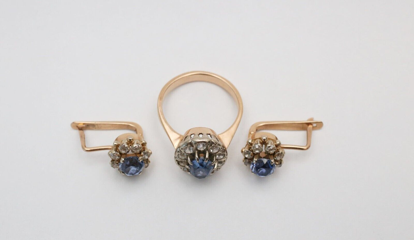 Estate 14k Rose Gold Sapphire & Diamond Ring Size 8.25 & Earring Set, 11.2g