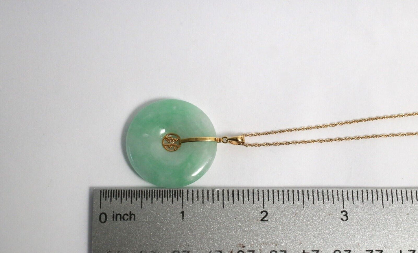 14k Yellow Gold Round Chinese "Good Fortune" Jade Pendant, 9.2g