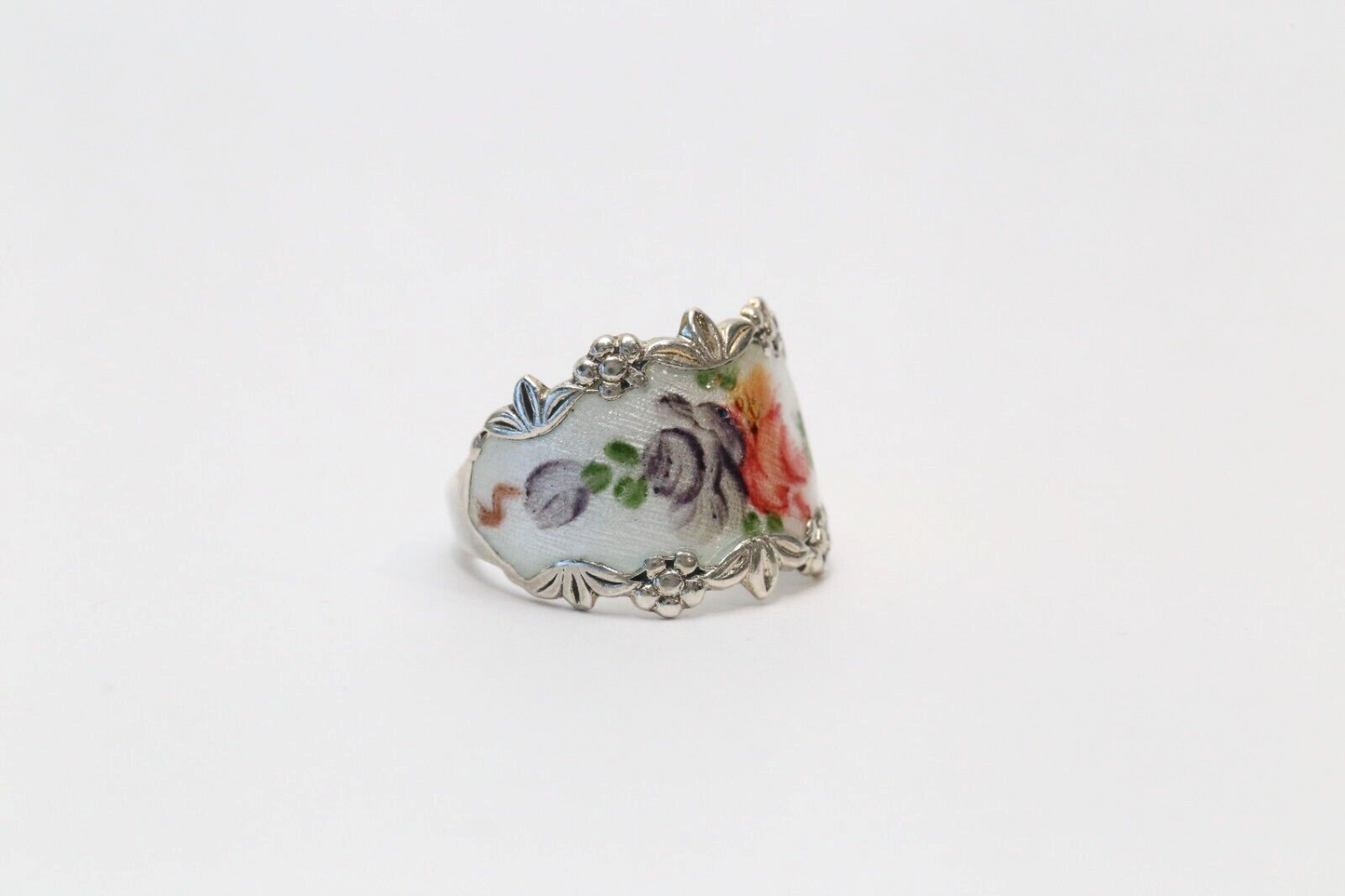 Vintage Sterling Silver Floral Enamel Cigar Band Ring with Pink & Purple Roses, Size 10 - 8.2g