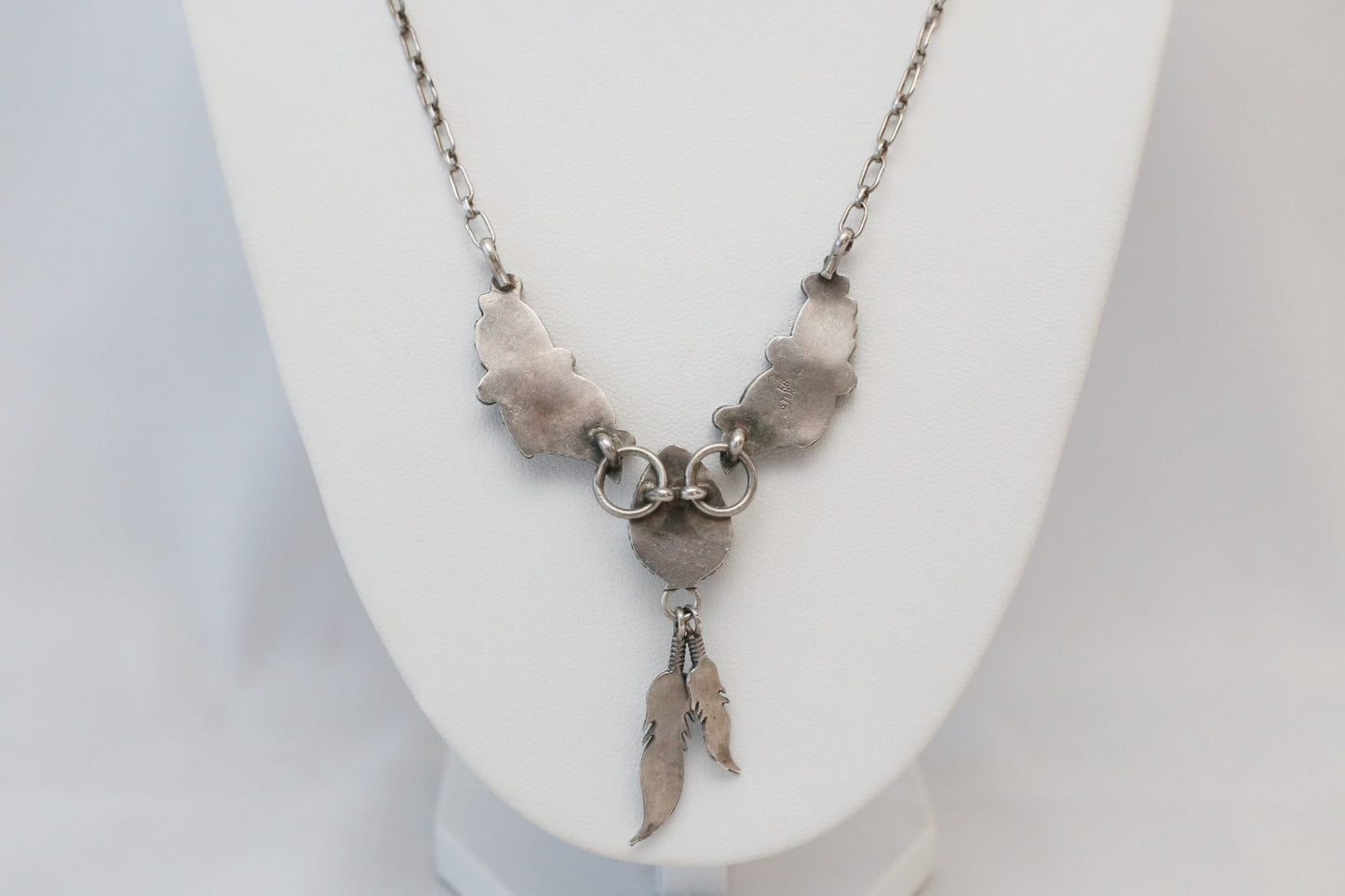 Vintage Sterling Silver Floral Feathered Onyx Necklace, 20 inches - 16.1g