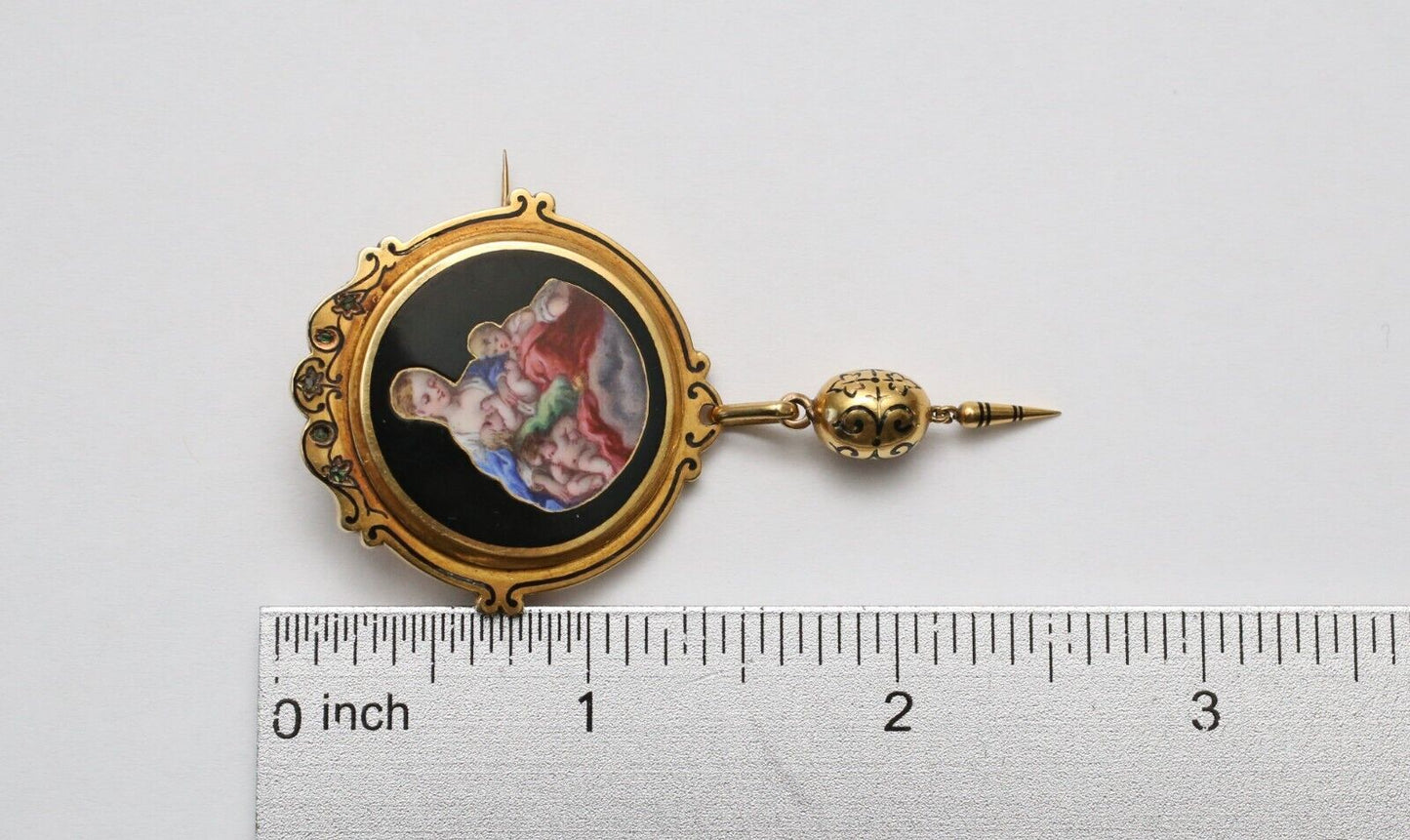 Victorian 21k Yellow Gold Hand Painted Enamel Brooch, 11.2g