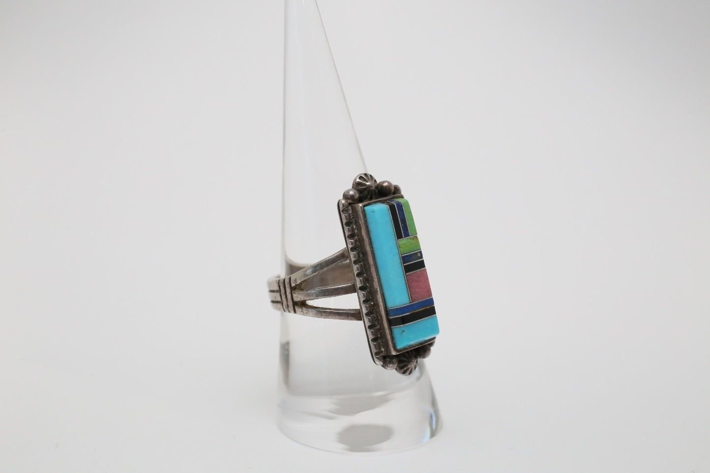 Sterling Silver Multi-Gemstone Inlay Ring, Size 8.25 - 8.5g