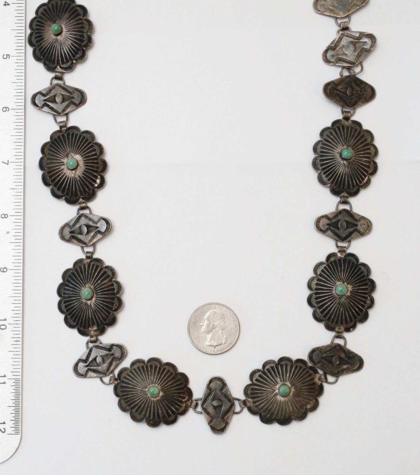 Antique Sterling Silver Turquoise Large Necklace, 29 inches - 125.1g