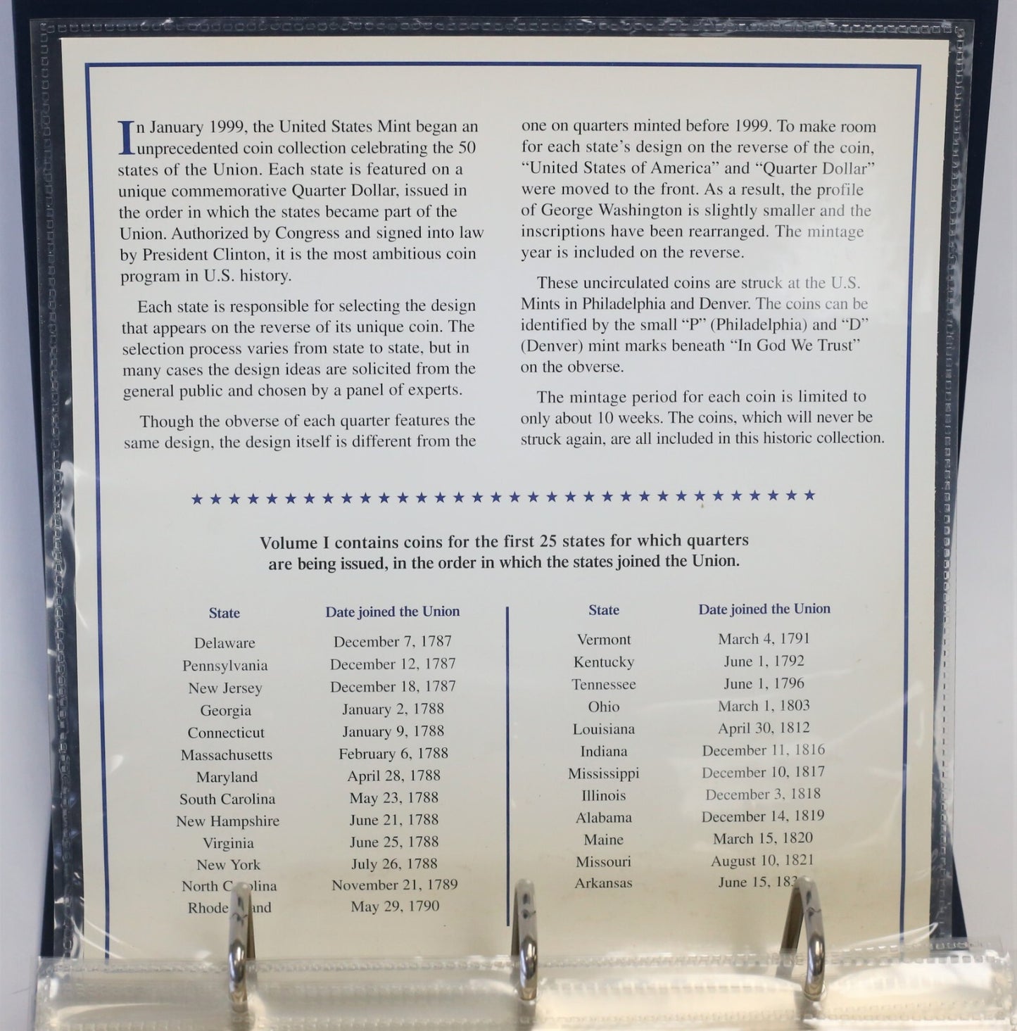 Statehood Quarters Collection Postal Commemorative Society (Vol 1)