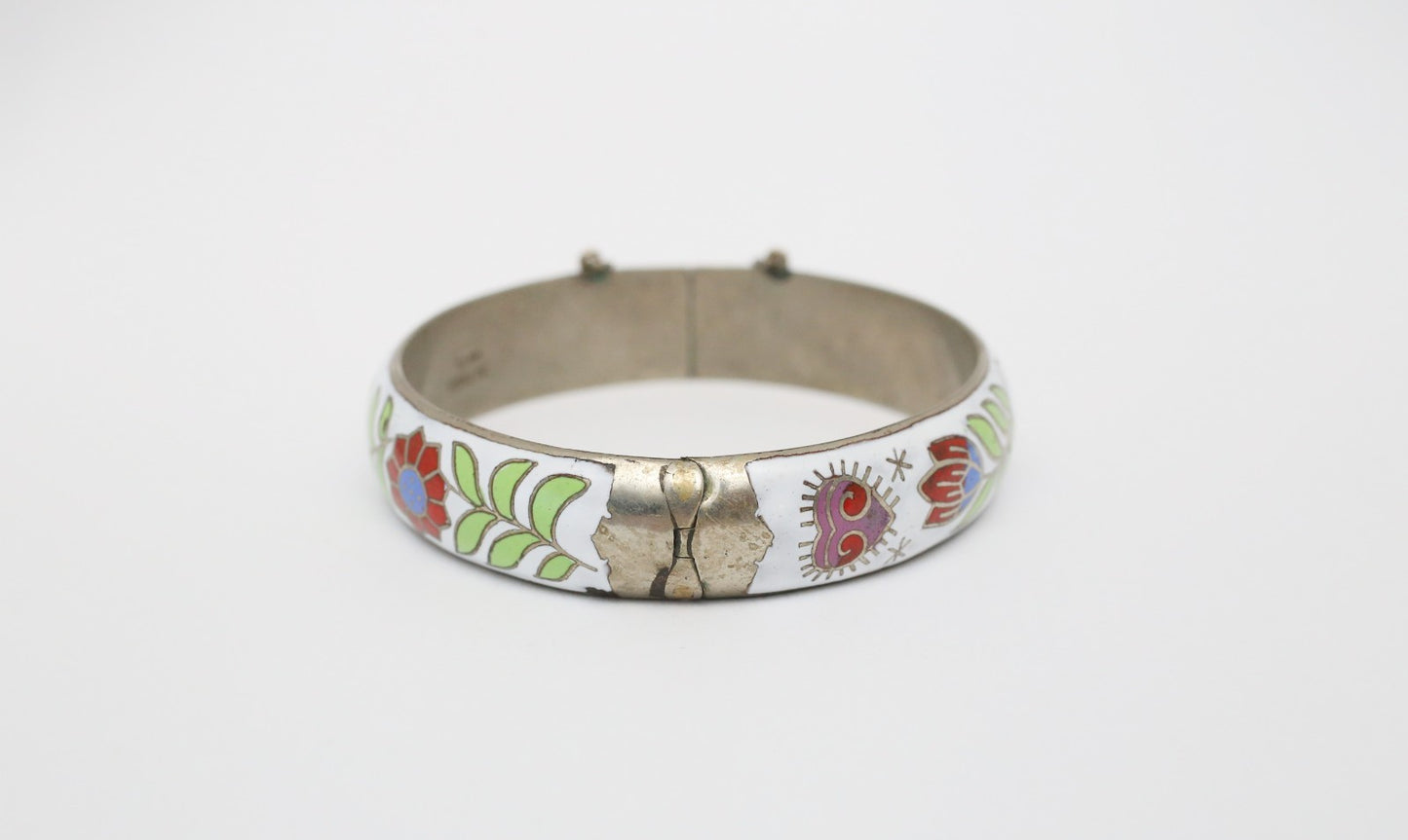 Vintage Sterling Silver Floral Enamel Hinge Bangle, 7.5 inches - 23.8g