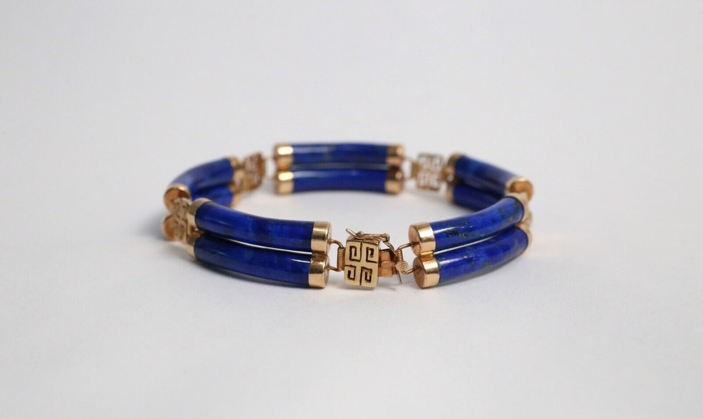 14k Yellow Gold Blue Lapis Lazuli Link Bracelet, 7.25 inches - 15.3g