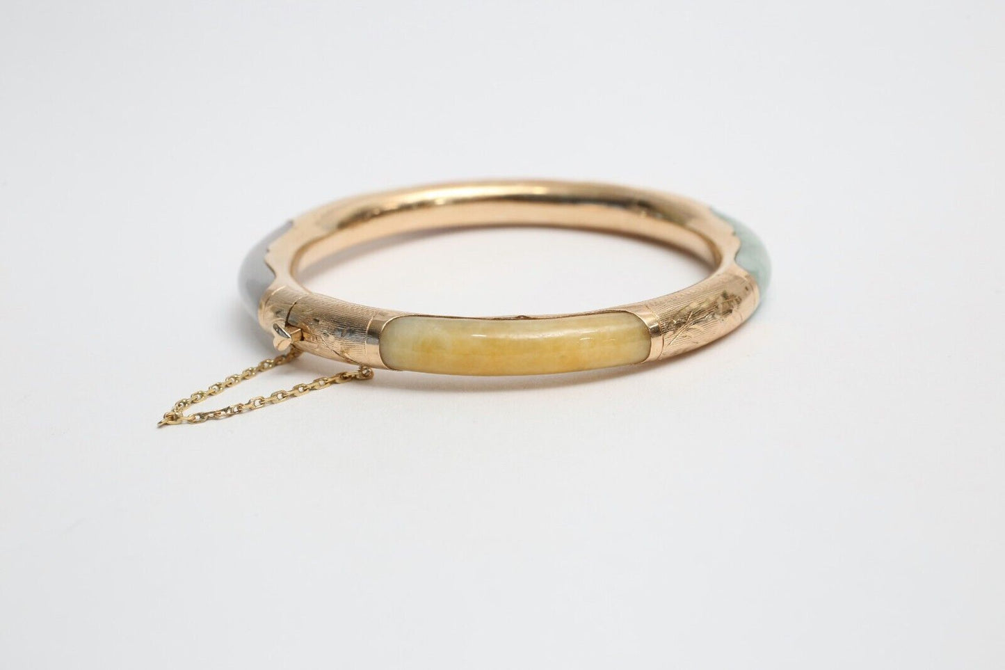 14k Yellow Gold Multi-Colored Jade Hinge Bangle, 7.25 inches - 26.4g