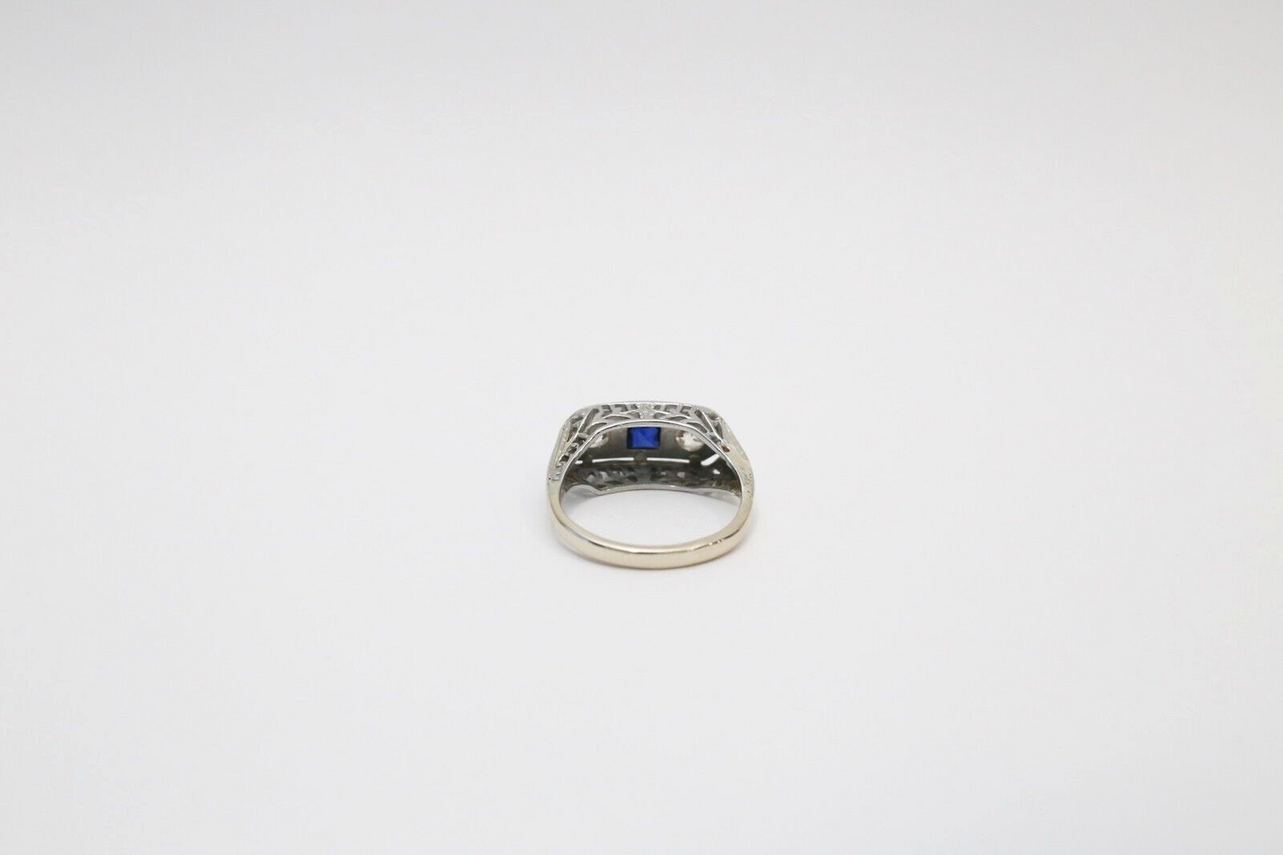 Art Deco 14k White Gold Diamond & Sapphire Ring, Size 4.25 - 2.6g