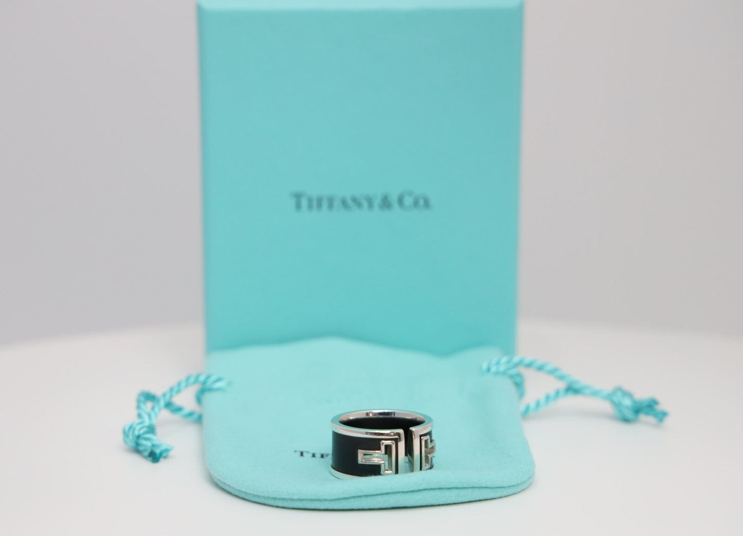 Tiffany & Co Sterling Silver Black Ceramic T Cut Out Wide Ring, Size 7 - 7.7g