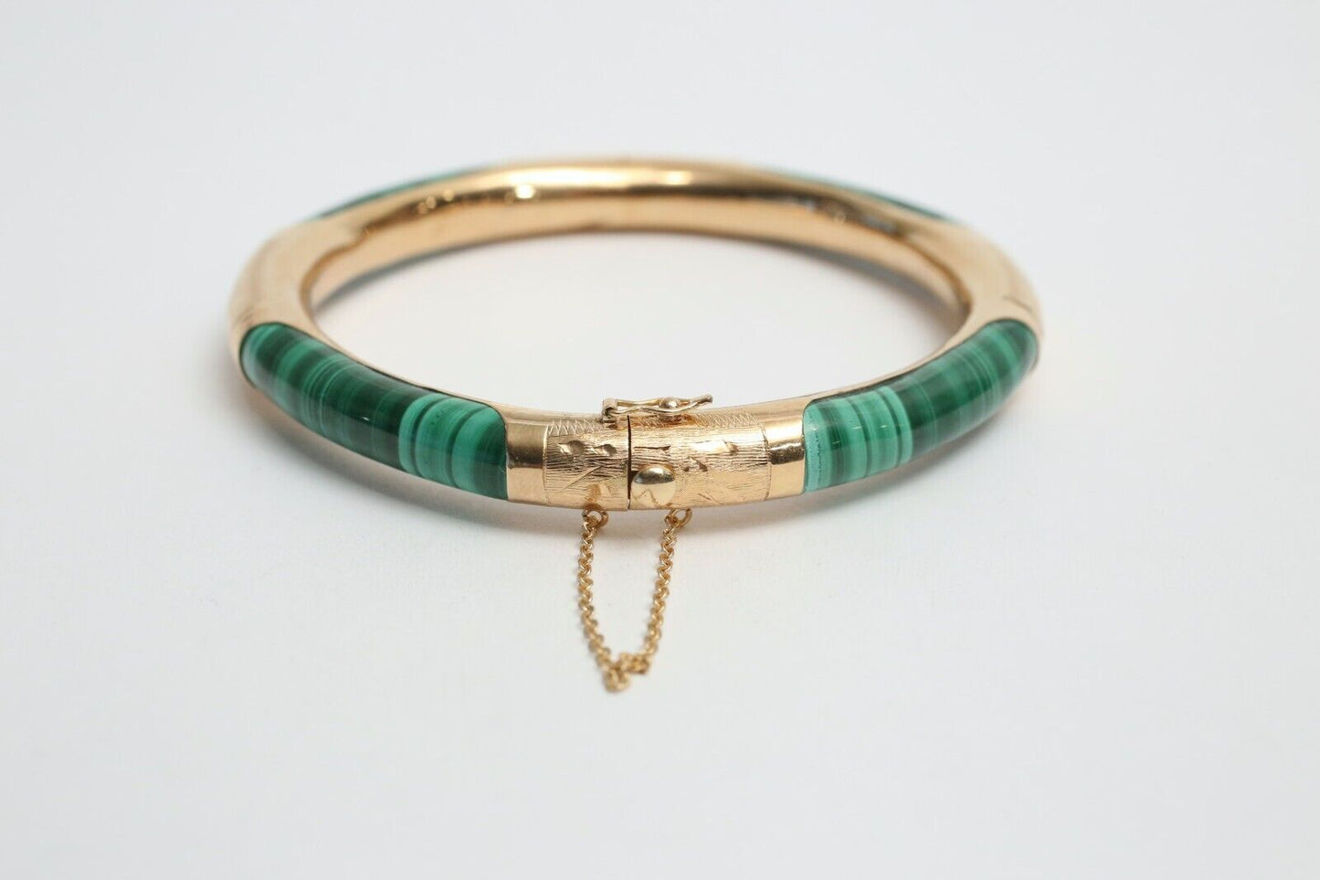 14k Yellow Gold Green Malachite Hinge Bangle, 7.25 inches - 27.6g