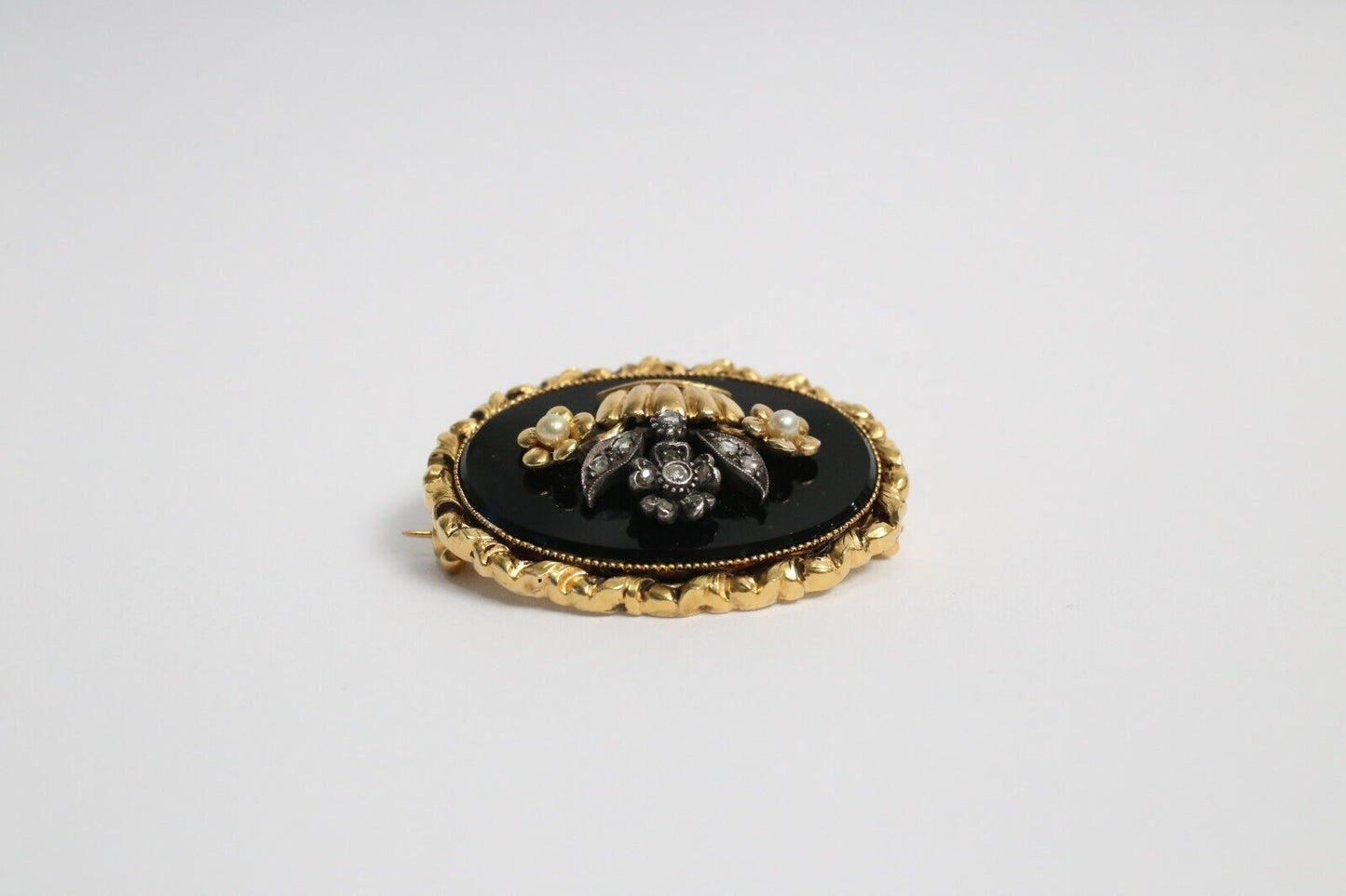 Antique 20k Victorian Diamond & Pearls Mourning Pin Brooch, 11.5g