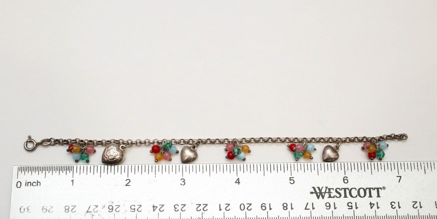 Sterling Silver Beaded Heart Charm Bracelet, 7 inches - 9.6g