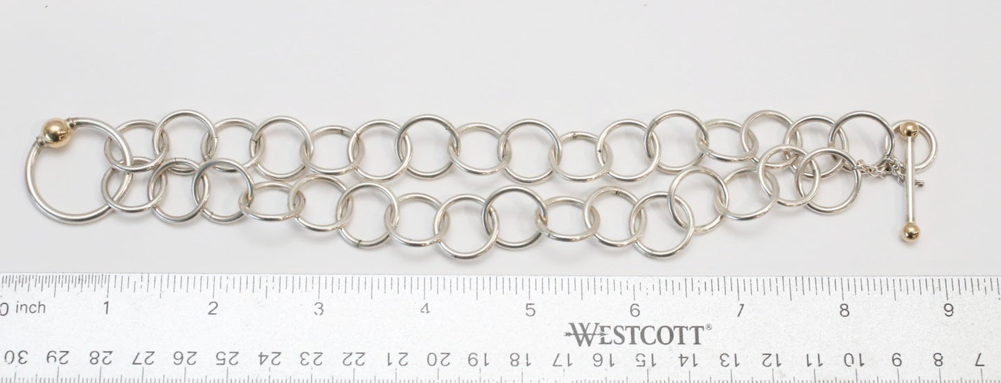 Sterling Silver & 14k Yellow Gold Circle Link Toggle Necklace, 19 inches - 52.2g