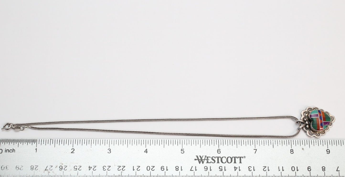 Vintage Sterling Silver Inlaid Heart Necklace, 16.5 inches - 11.0g