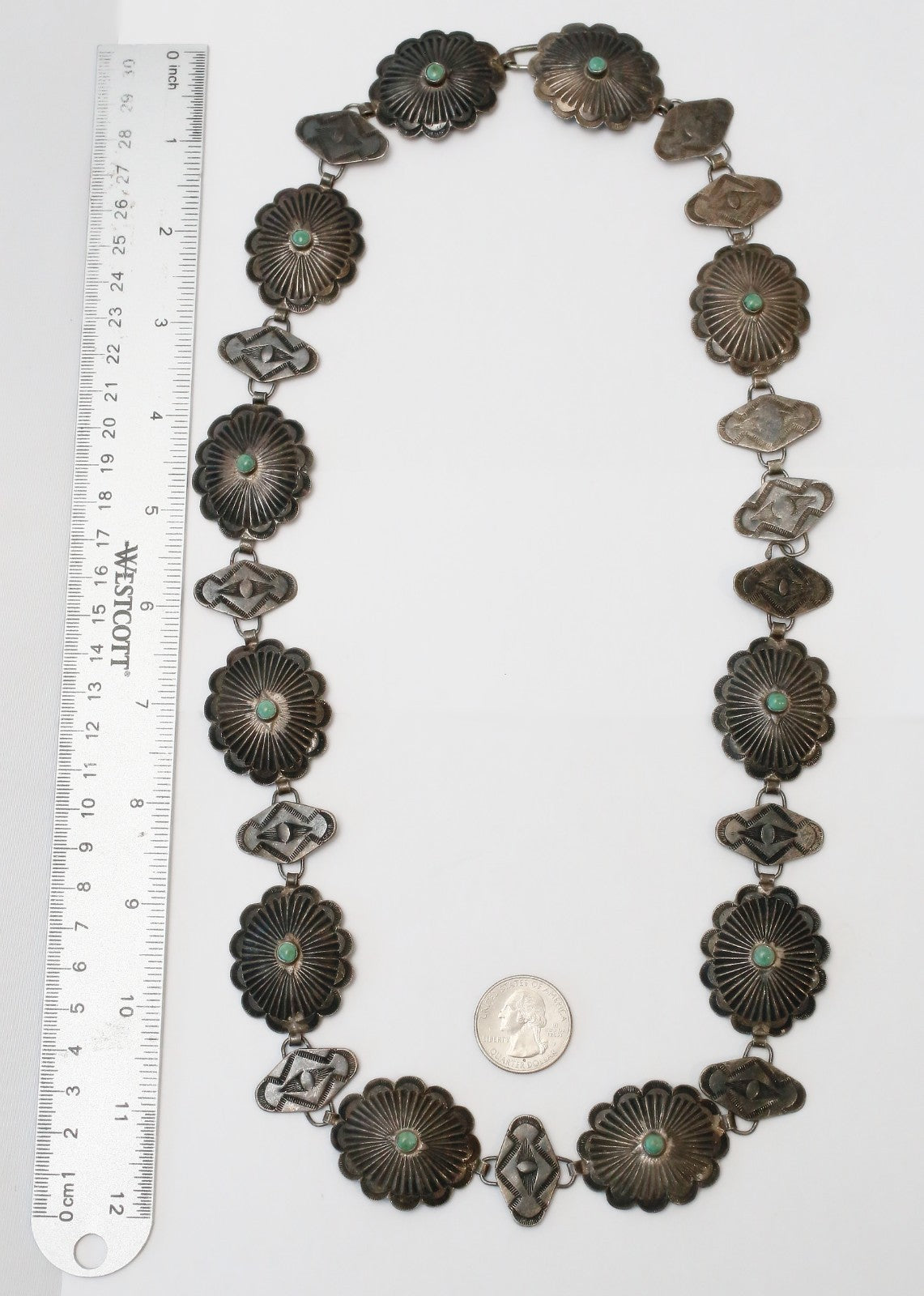 Antique Sterling Silver Turquoise Large Necklace, 29 inches - 125.1g