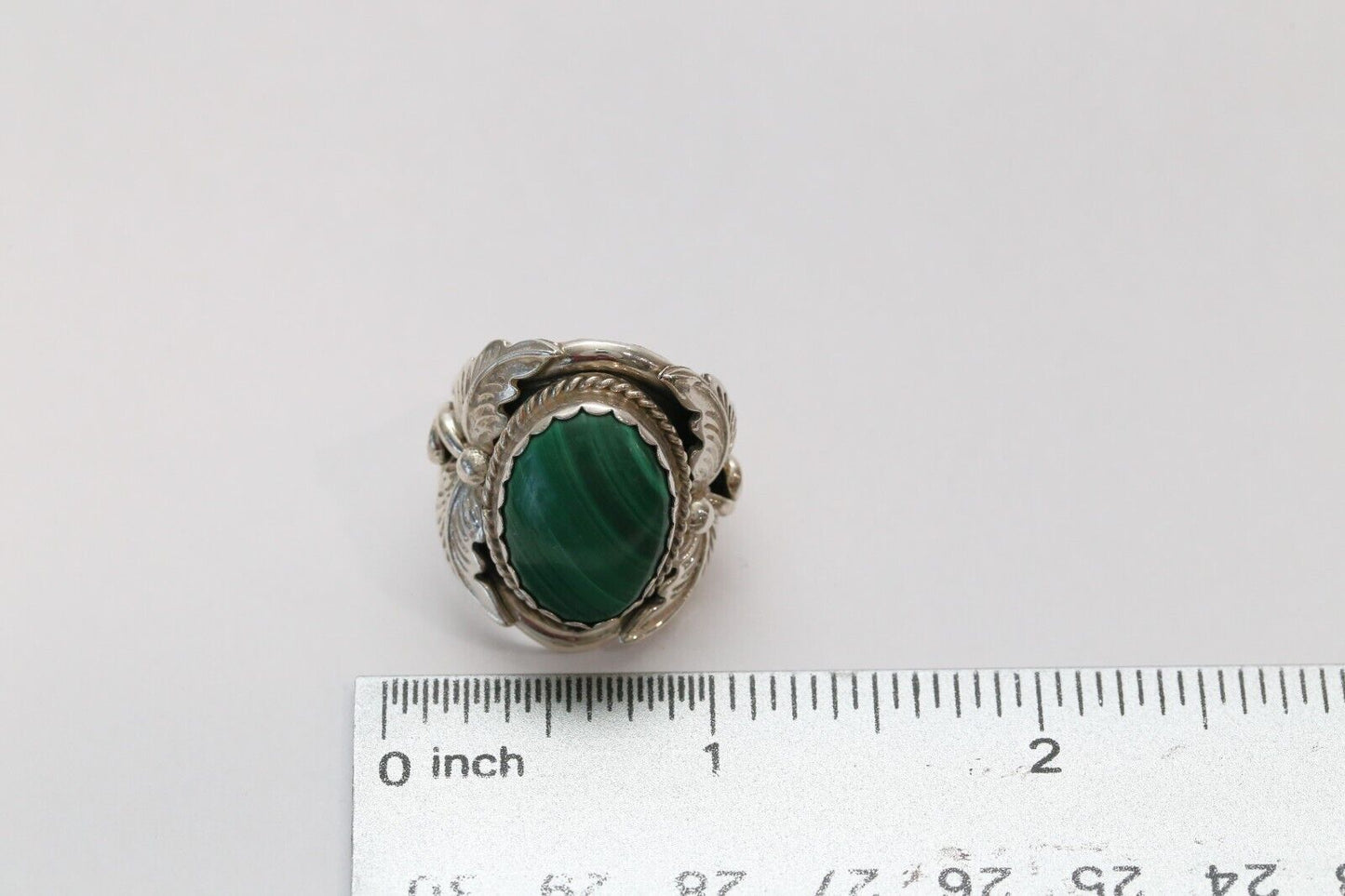 Sterling Silver Navajo Large Malachite Ring, Size 9 - 14.4g
