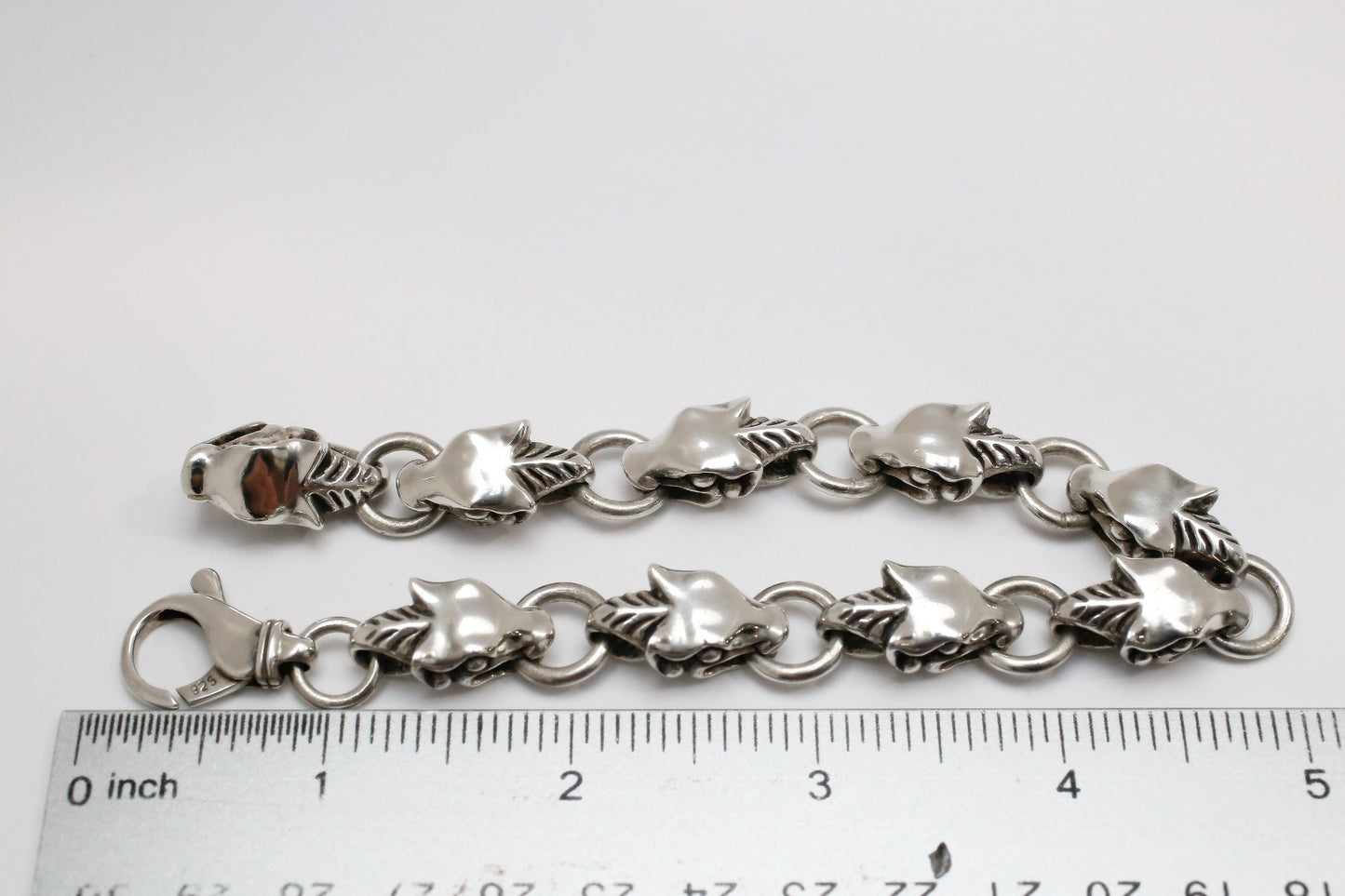 Sterling Silver Linked Feline Head Bracelet, 9.5 inches - 83.8g