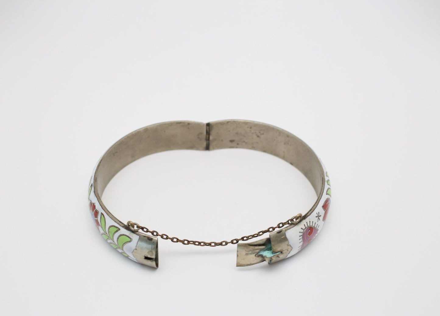 Vintage Sterling Silver Floral Enamel Hinge Bangle, 7.5 inches - 23.8g