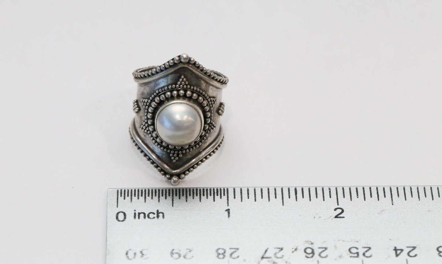 Vintage Sterling Silver Faux Pearl Ring, Size 9 - 8.9g