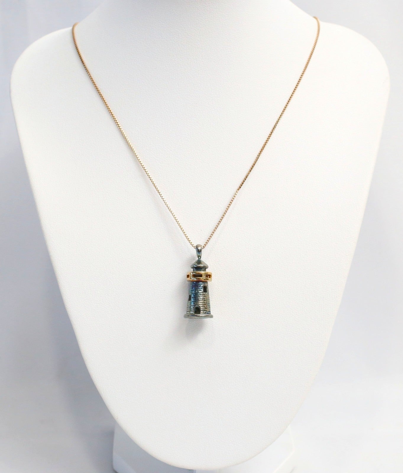 Sterling Silver & 18k Gold Lighthouse Pendant Necklace, 18 inches - 9.3g