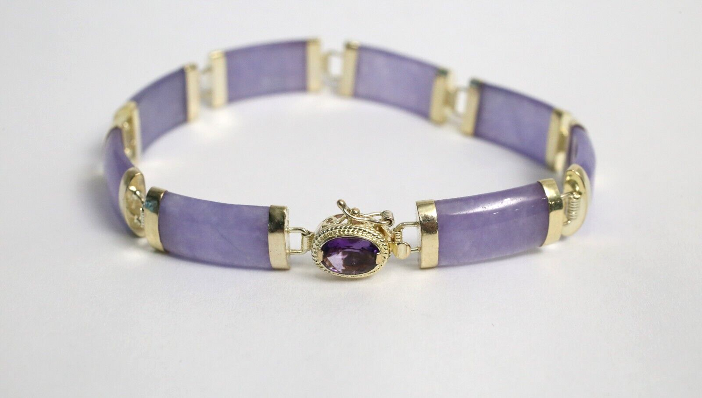 14k Yellow Gold Lavendar Jade Link Bracelet w/ Amethyst, 7.5 inches - 13.5g