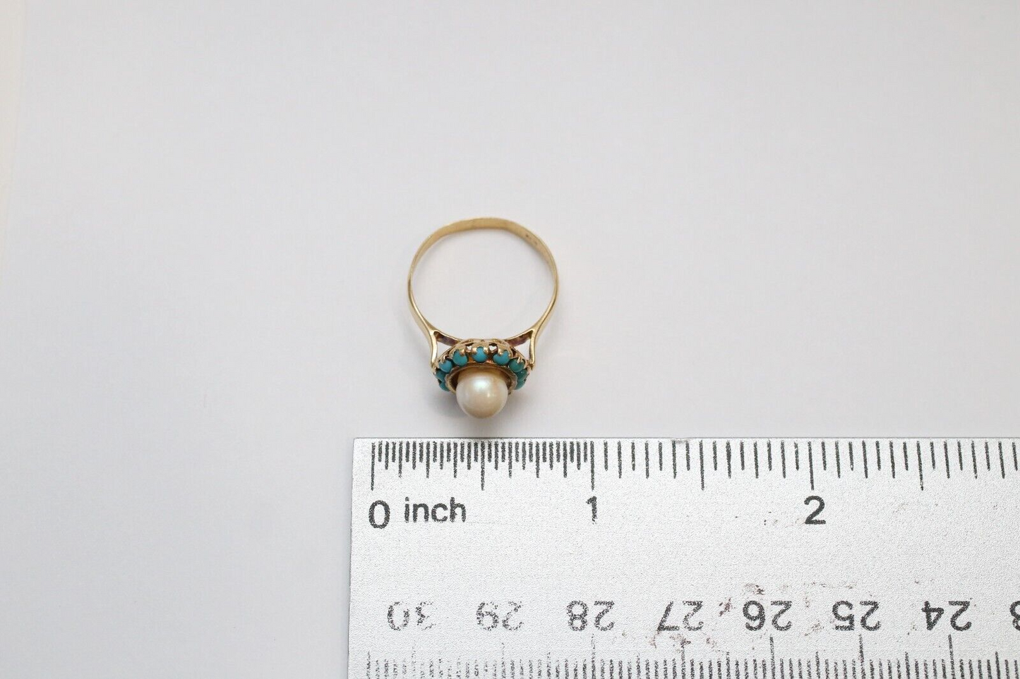 18k Yellow Gold Pearl & Blue Coral Cocktail Ring, Size 6.75 - 2.8g