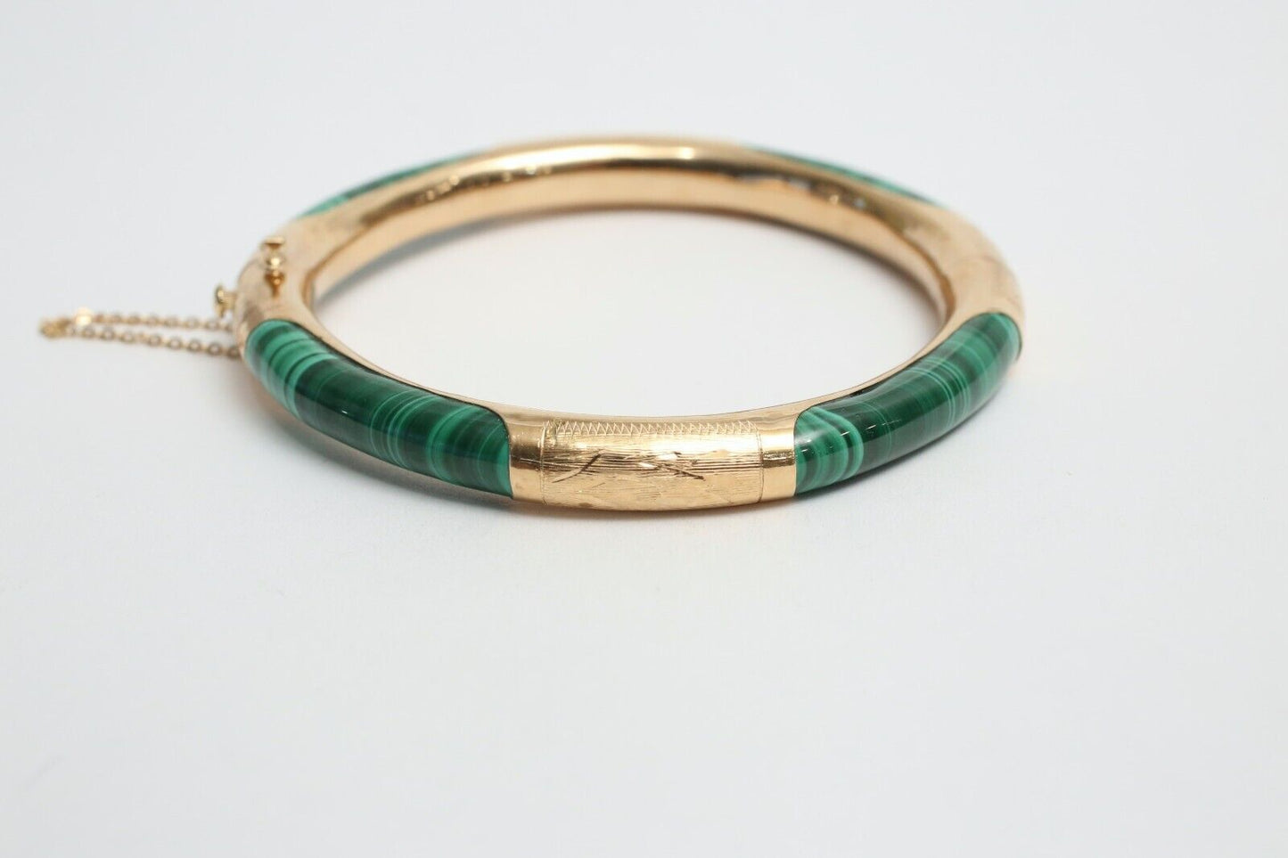 14k Yellow Gold Green Malachite Hinge Bangle, 7.25 inches - 27.6g