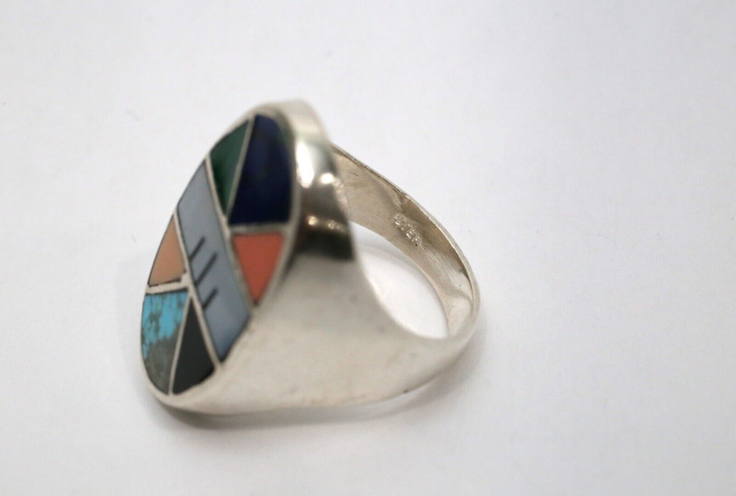 Sterling Silver Large Multi-Stone Native American Ring, Size 10.5 - 16.1g