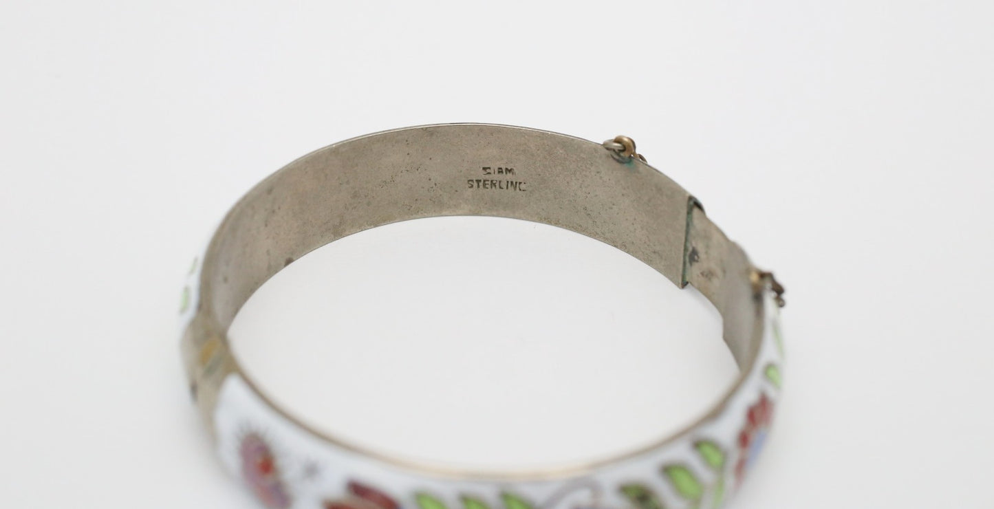 Vintage Sterling Silver Floral Enamel Hinge Bangle, 7.5 inches - 23.8g
