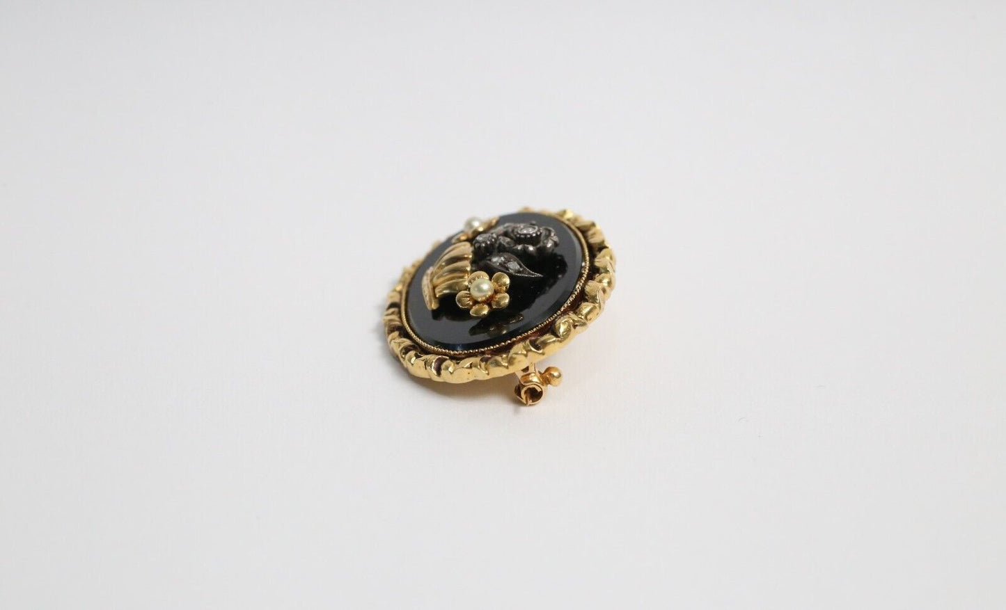 Antique 20k Victorian Diamond & Pearls Mourning Pin Brooch, 11.5g