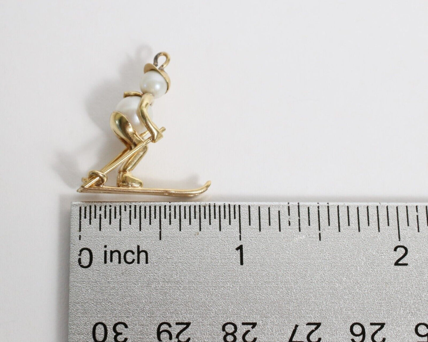 14k Yellow Gold Pearl Skiing Man Charm, 4.0g