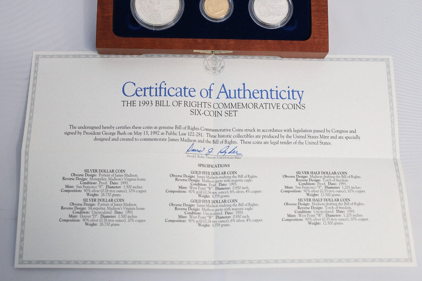 1993 Bill of Rights Commemorative Coins 6-Coin Set w/ Box & COA